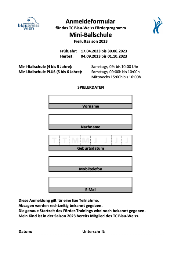 Anmeldeformular Mini-Ballschule