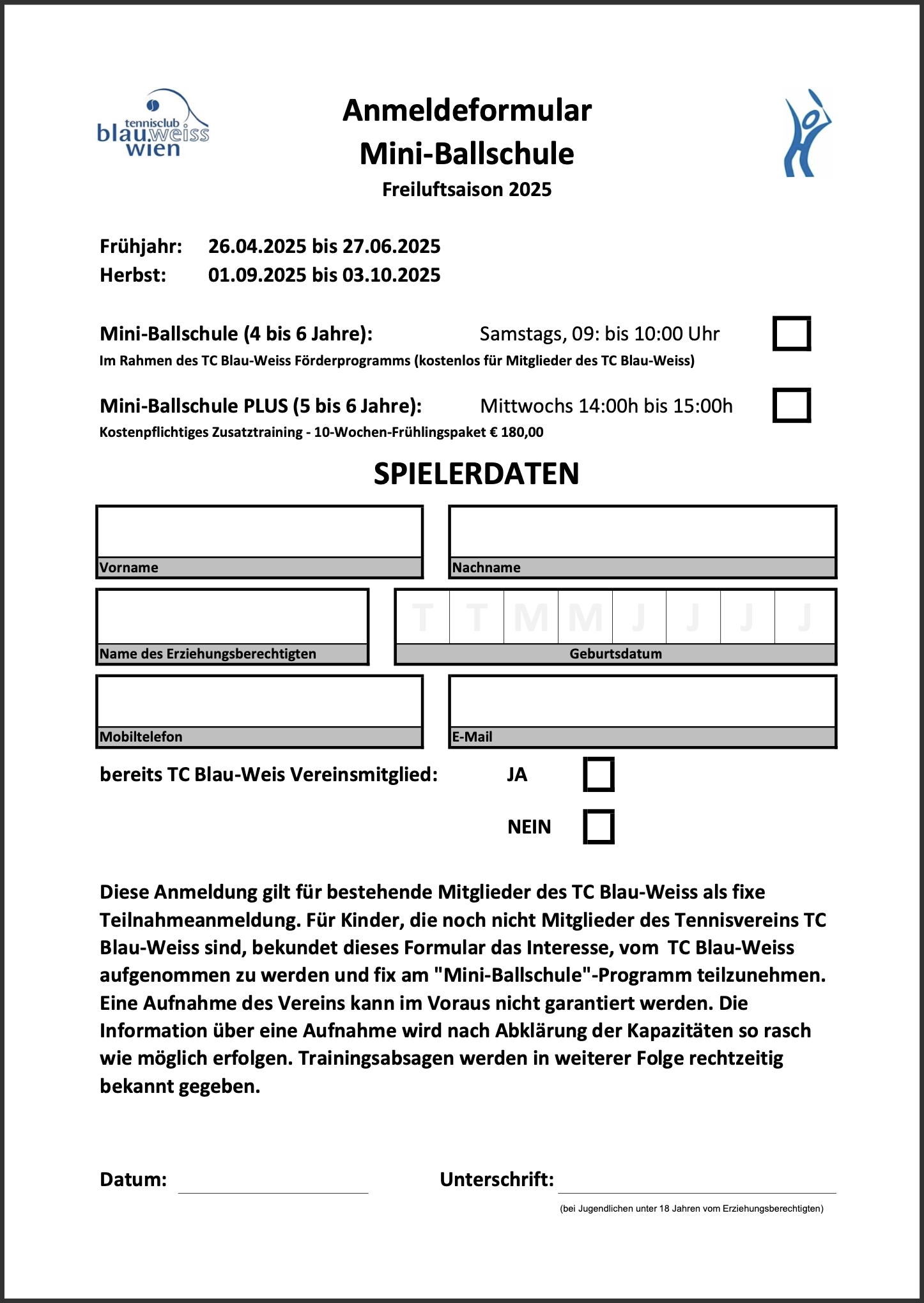 Anmeldung Mini-Ballschule für Mitglieder