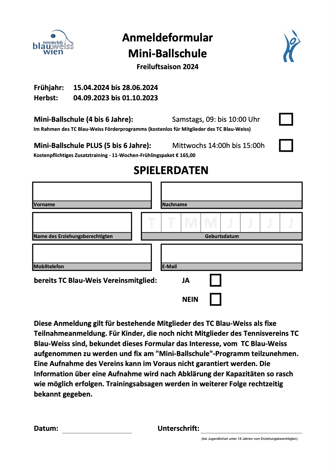 Anmeldung Mini-Ballschule für Mitglieder